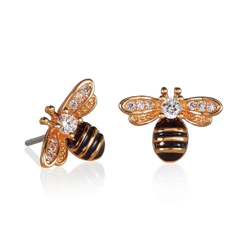 Rose Gold Bumble Bee Stud Earrings with Cubic Zirconia and Black Enamel