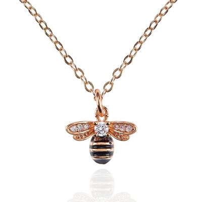 Collier Bumble Bee en Or Rose avec Oxyde de Zirconium et Émail Noir