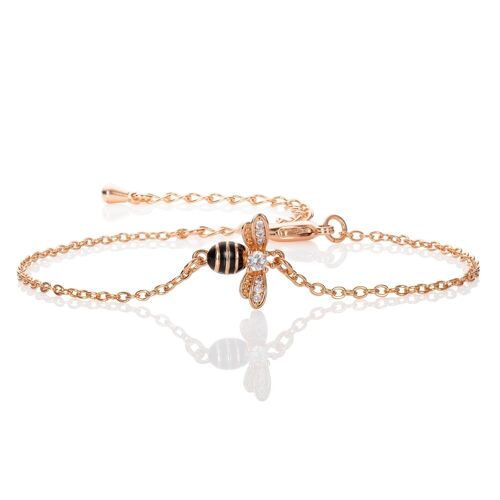 Rose Gold Bumble Bee Bracelet with Cubic Zirconia and Black Enamel