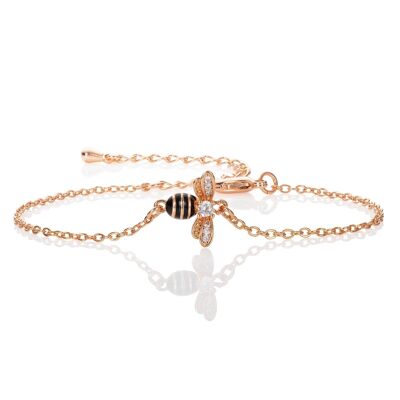 Rose Gold Bumble Bee Bracelet with Cubic Zirconia and Black Enamel