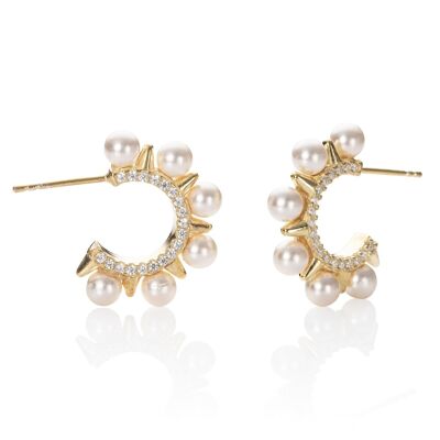Pendientes de aro de perlas doradas para mujer con piedras de circonita cúbica