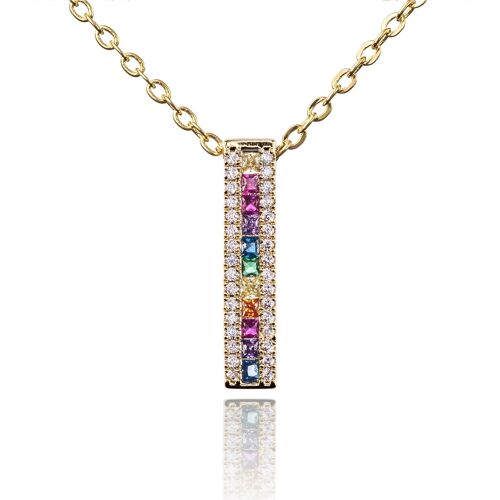 Gold Rainbow Bar Pendant Necklace with Coloured Zirconia Stones