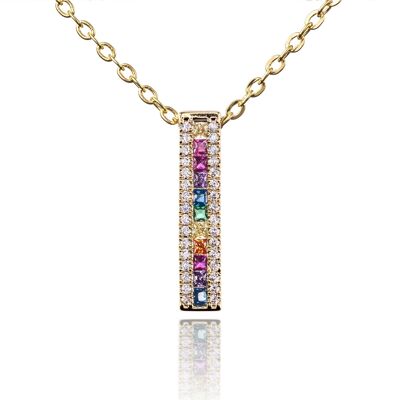 Gold Rainbow Bar Pendant Necklace with Coloured Zirconia Stones