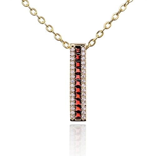 Gold Bar Pendant Necklace with Red Cubic Zirconia Stones