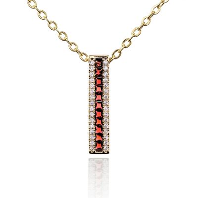 Gold Bar Pendant Necklace with Red Cubic Zirconia Stones