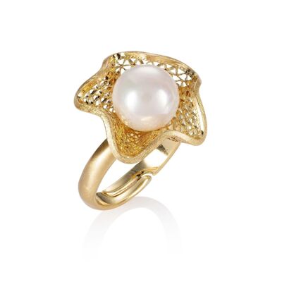 Bague Cocktail Doré Ajustable pour Femme avec une Perle