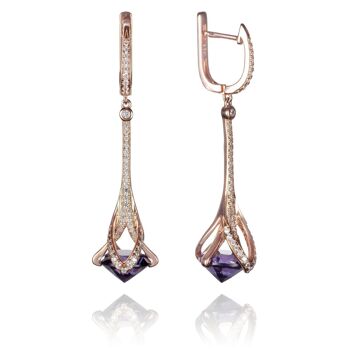 Boucles d'oreilles pendantes pour femme en or rose avec pierres violettes et pierres précieuses de zircon cubique 1