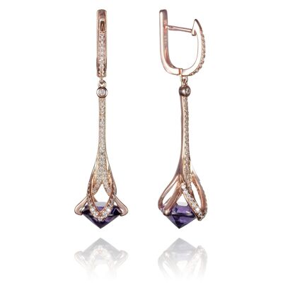 Boucles d'oreilles pendantes pour femme en or rose avec pierres violettes et pierres précieuses de zircon cubique
