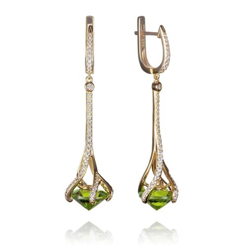 Gold Drop Earrings for Women with Green Stones and Cubic Zirconia Gemstones