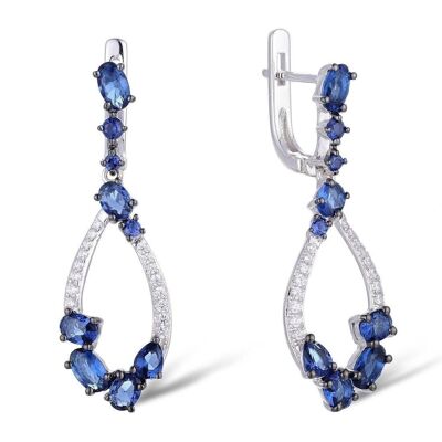 Sterling Silver Long Drop Earrings for Women with Blue Stones and Cubic Zirconia Gemstones