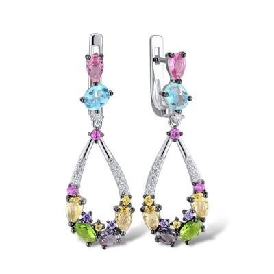 Boucles d'oreilles pendantes colorées en argent sterling pour femme avec pierres multicolores et pierres précieuses de zircon cubique