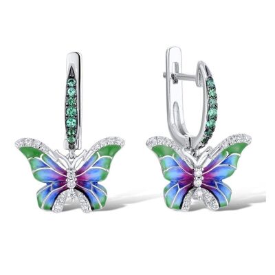 Boucles d'oreilles papillon en argent sterling pour femme avec détails en émail vert et pierres précieuses en oxyde de zirconium
