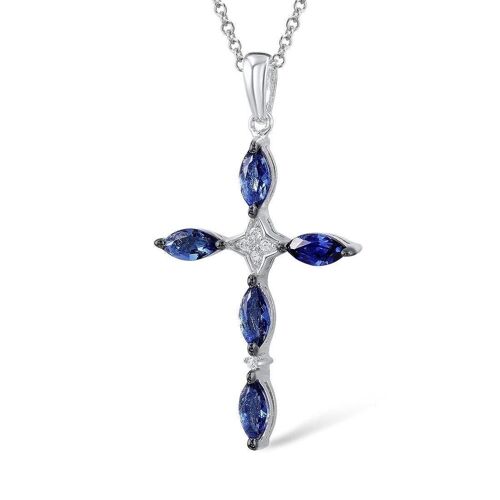 Sterling Silver Cross Necklace for Women with Blue Stones