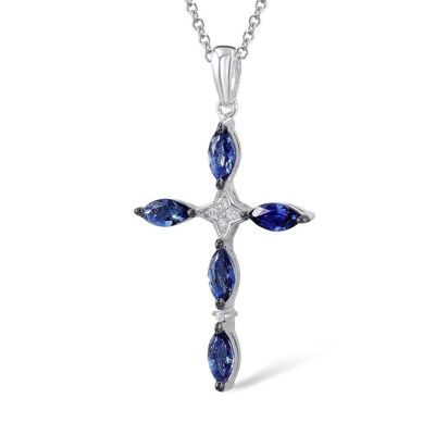 Collier croix en argent sterling pour femme avec pierres bleues