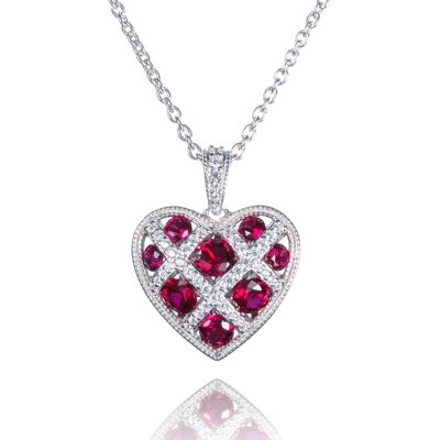 Collar de Corazón de Celosía de Plata de Ley para Mujer con Piedras Rojas