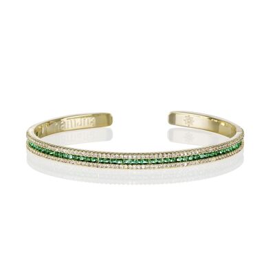 Gold Cuff Bangle Bracelet with Green Cubic Zirconia Stones