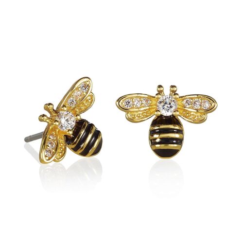 Gold Bumble Bee Stud Earrings with Cubic Zirconia and Black Enamel