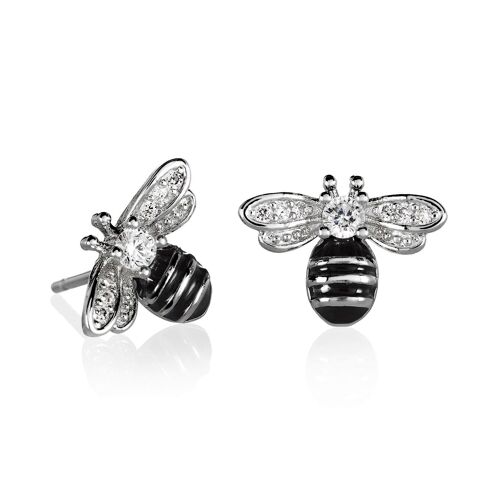 Bumble Bee Stud Earrings with Cubic Zirconia and Black Enamel