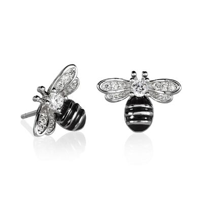 Aretes Bumble Bee con Zirconia Cúbica y Esmalte Negro