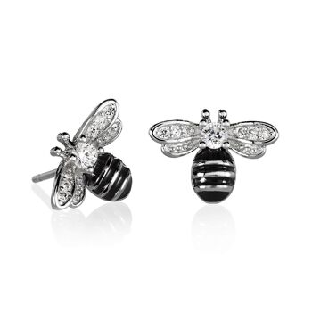 Clous d'oreilles Bumble Bee avec Cubic Zirconia et émail noir 1