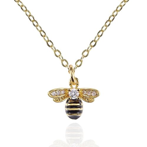 Gold Bumble Bee Necklace with Cubic Zirconia and Black Enamel