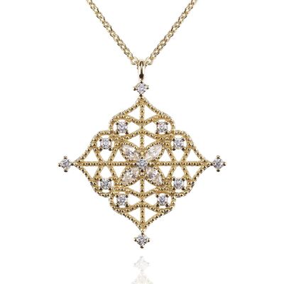 Gold Arabesque Pendant Necklace with Cubic Zirconia