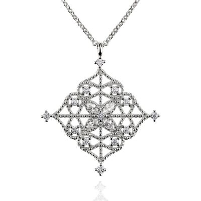 Arabesque Filigree Silver Pendant Necklace with Cubic Zirconia