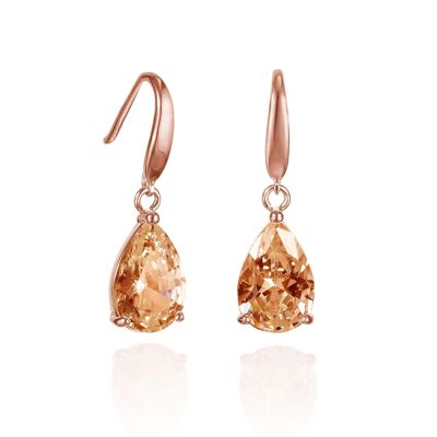 Boucles d'oreilles pendantes poire en or rose avec oxydes de zirconium champagne