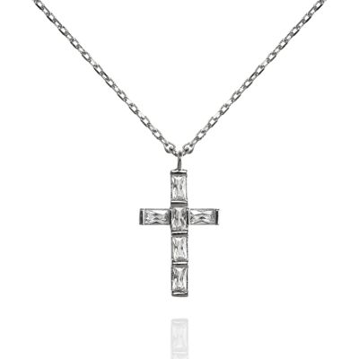 Collier pendentif croix avec zircon cubique baguette