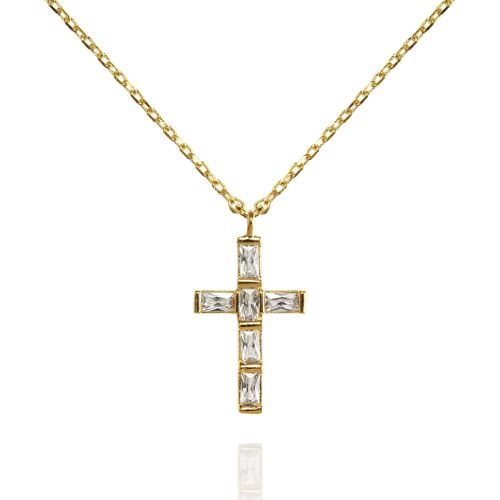 Gold Cross Pendant Necklace with Baguette Cubic Zirconia