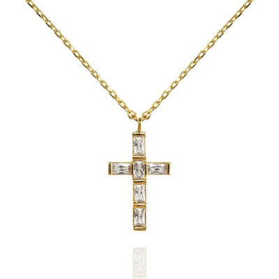 Gold Cross Pendant Necklace with Baguette Cubic Zirconia