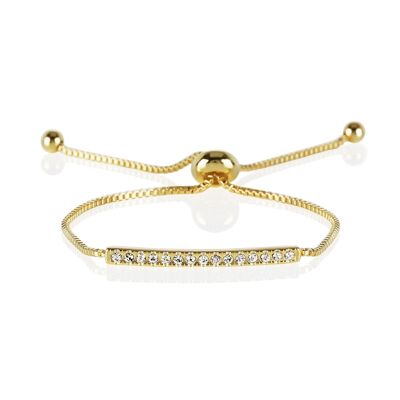 Goldenes Kristallstab-Armband mit verstellbarem Perlenverschluss.