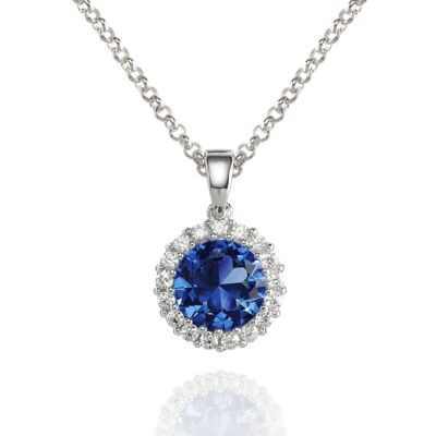 Halo Pendant Necklace with a Blue Cubic Zirconia Stone