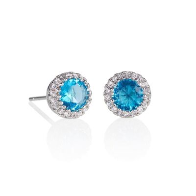 Boucles d'Oreilles Clous Halo avec Zircon Cubique Bleu Ciel