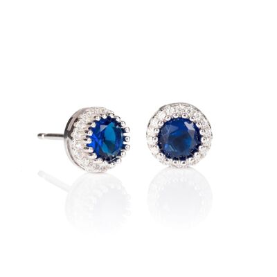 Halo Stud Earrings with Blue Cubic Zirconia Stones