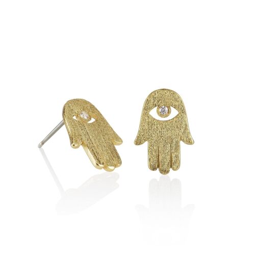 Gold Hamsa Stud Earrings. Brushed Finish Lucky Charm Earrings.