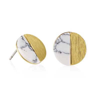 Gold Disc Stud Earrings with Created White Agates