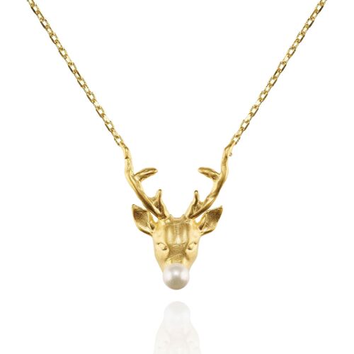 Gold Reindeer Pendant Necklace with a Pearl