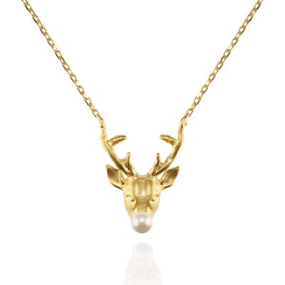 Collier pendentif renne en or avec une perle