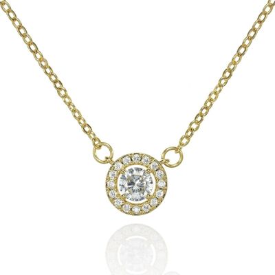 Gold Halo Pendant Necklace with Cubic Zirconia