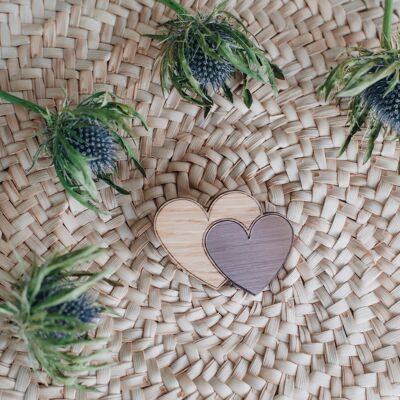 Broche Double Coeur en bois Rose Gold