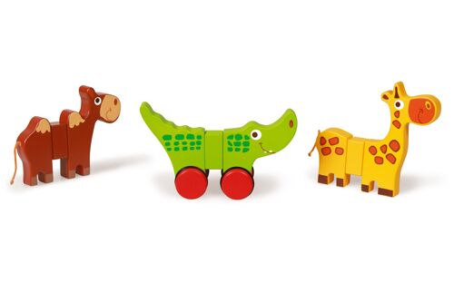 Scratch Preschool: 3 ANIMAUX DE SAFARI magnétiques ROULETTES 14x2x11cm, avec chameau, crocodile et giraffe et une paire de roues, en boîte, 18m+