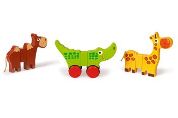 Scratch Preschool: 3 ANIMAUX DE SAFARI magnétiques ROULETTES 14x2x11cm, avec chameau, crocodile et giraffe et une paire de roues, en boîte, 18m+ 1