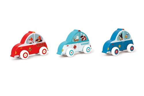 Scratch Preschool: VOITURE de SERVICE 10x2x5.5cm, modèles ass., en bois, en présentoir, 12m+