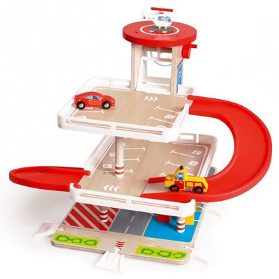 Scratch Preschool: GARAGE CONTILOOP 45x57x39cm, avec ascenseur , 3 pompes à essence, 2 voitures et 1 hélicoptère inclus, en bois, en boîte, 3+