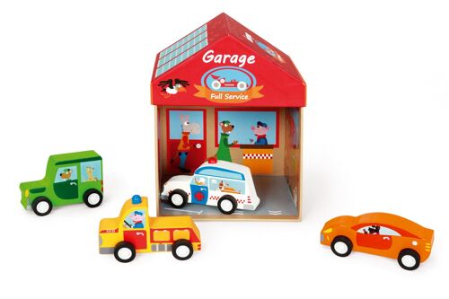 Scratch Mix+Play: BOÎTE À JOUETS GARAGE 2-en-1 15.5x15.5x17cm, contient 4 voitures en bois, en carton et bois, en boîte stockage, 2+