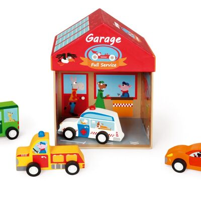 Scratch Mix+Play: BOÎTE À JOUETS GARAGE 2-en-1 15.5x15.5x17cm, contient 4 voitures en bois, en carton et bois, en boîte stockage, 2+