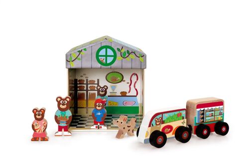 Scratch Mix+Play: BOÎTE À JOUETS ÉPICERIE 2-en-1 15.5x15.5x17cm, contient une voiture avec une remorque, un chien et une famille d'ours (3 pièces), en carton et bois, en boîte stockage, 2+