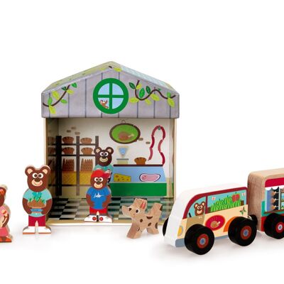 Scratch Mix+Play: BOÎTE À JOUETS ÉPICERIE 2-en-1 15.5x15.5x17cm, contient une voiture avec une remorque, un chien et une famille d'ours (3 pièces), en carton et bois, en boîte stockage, 2+