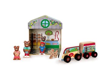 Scratch Mix+Play: BOÎTE À JOUETS ÉPICERIE 2-en-1 15.5x15.5x17cm, contient une voiture avec une remorque, un chien et une famille d'ours (3 pièces), en carton et bois, en boîte stockage, 2+ 1